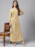 Janasya Women's Beige Crepe Embellished Festive A-Line Kurta