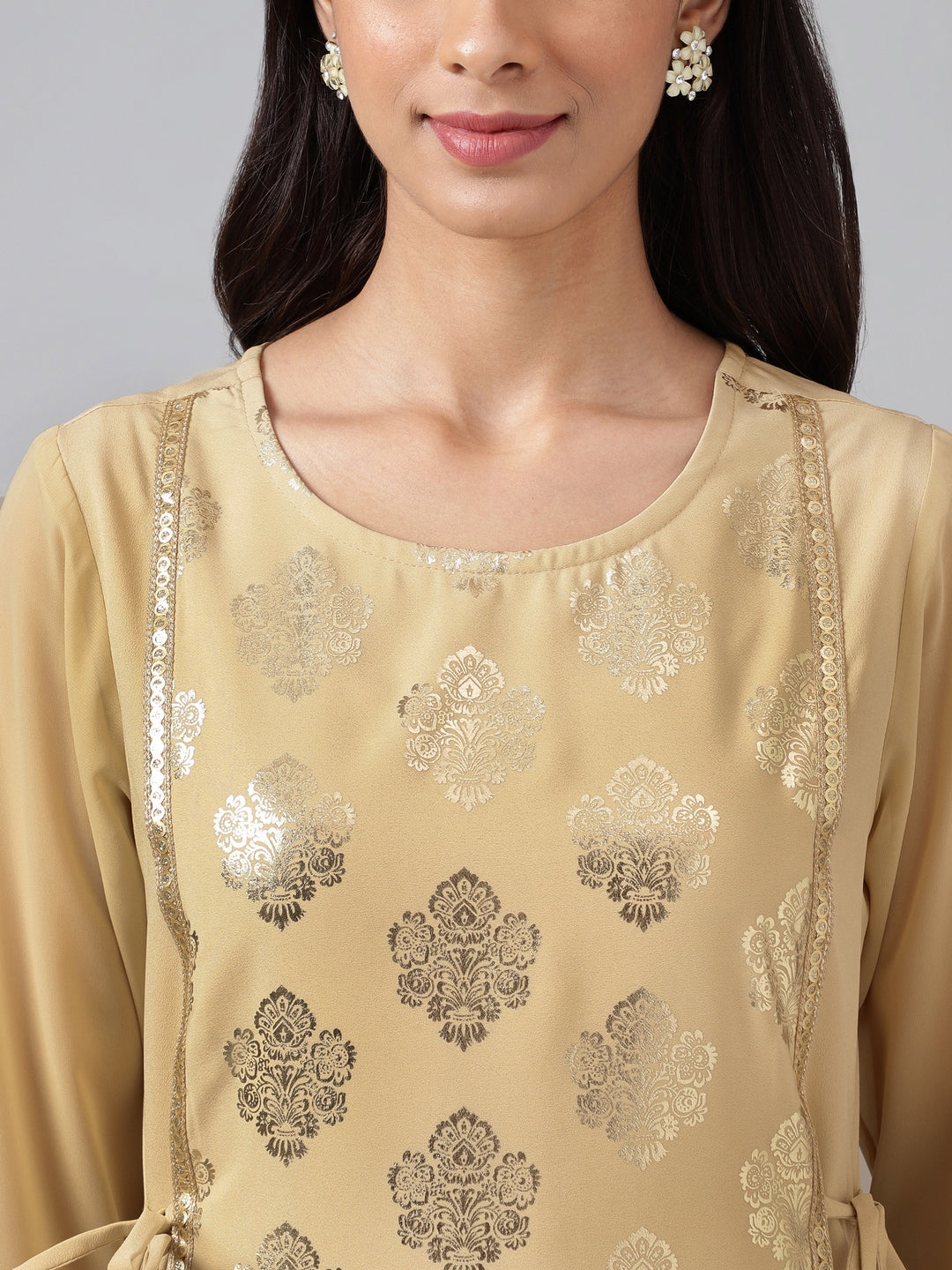 Janasya Women's Beige Crepe Embellished Festive A-Line Kurta