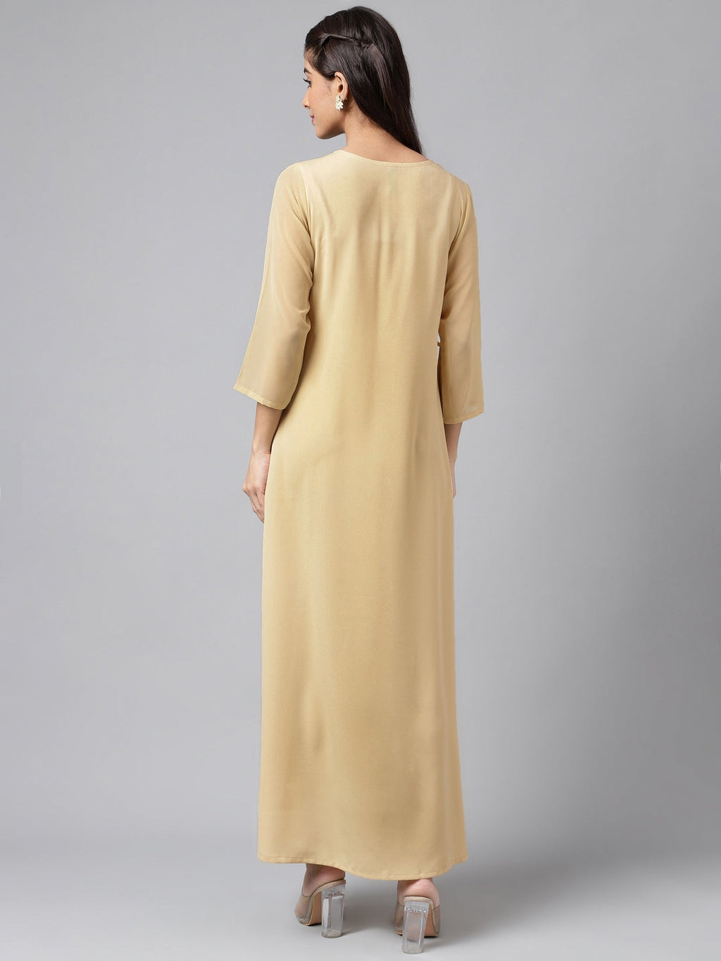 Janasya Women's Beige Crepe Embellished Festive A-Line Kurta