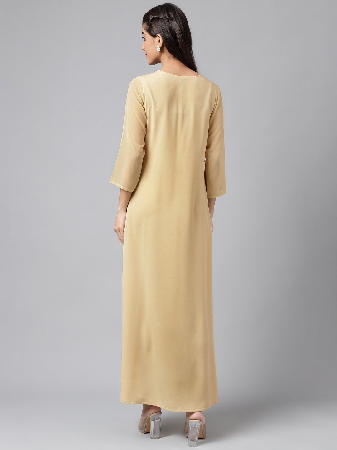 Janasya Women's Beige Crepe Embellished Festive A-Line Kurta