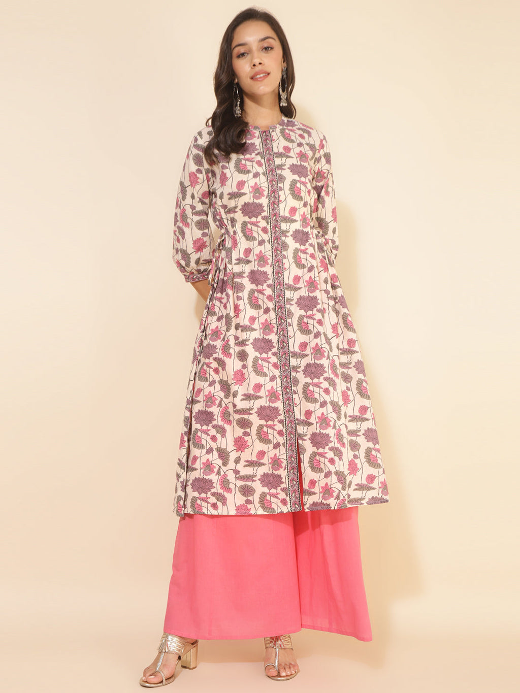 Janasya Beige Cotton Floral Printed Casual Kurta