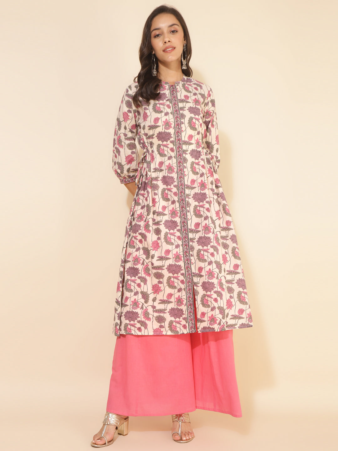 Janasya Beige Cotton Floral Printed Casual Kurta