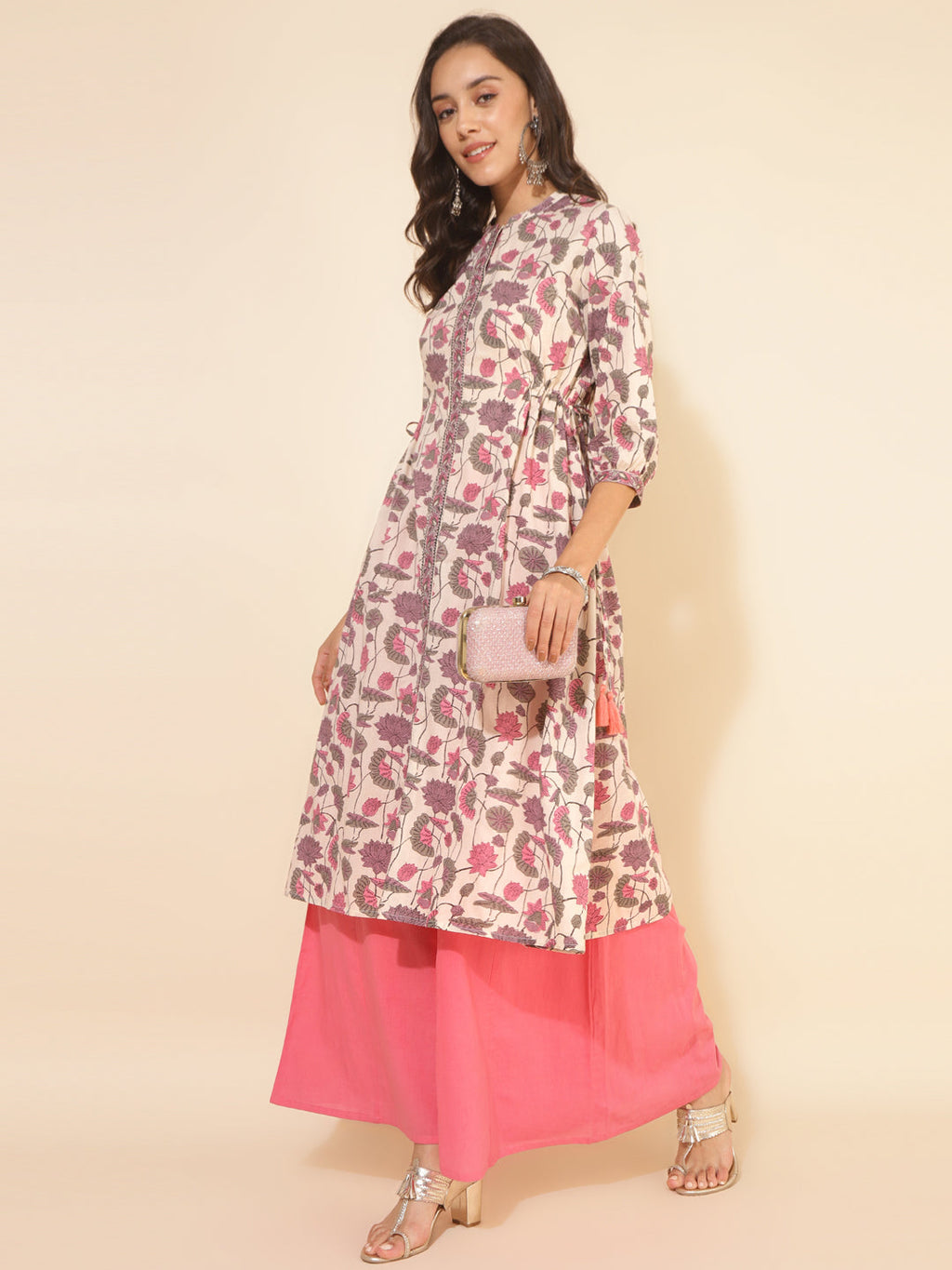 Janasya Beige Cotton Floral Printed Casual Kurta