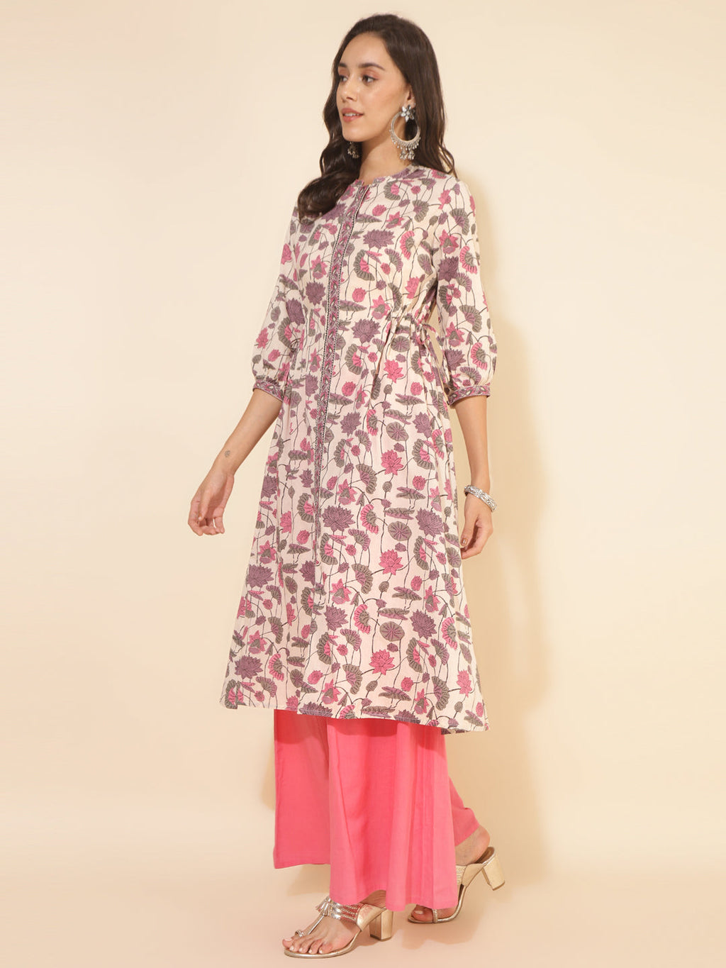 Janasya Beige Cotton Floral Printed Casual Kurta