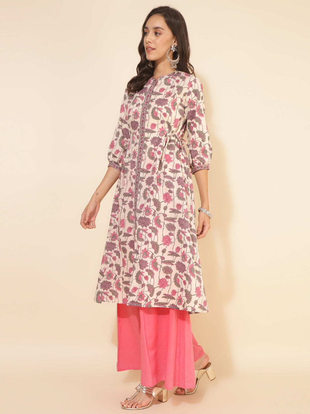 Janasya Beige Cotton Floral Printed Casual Kurta