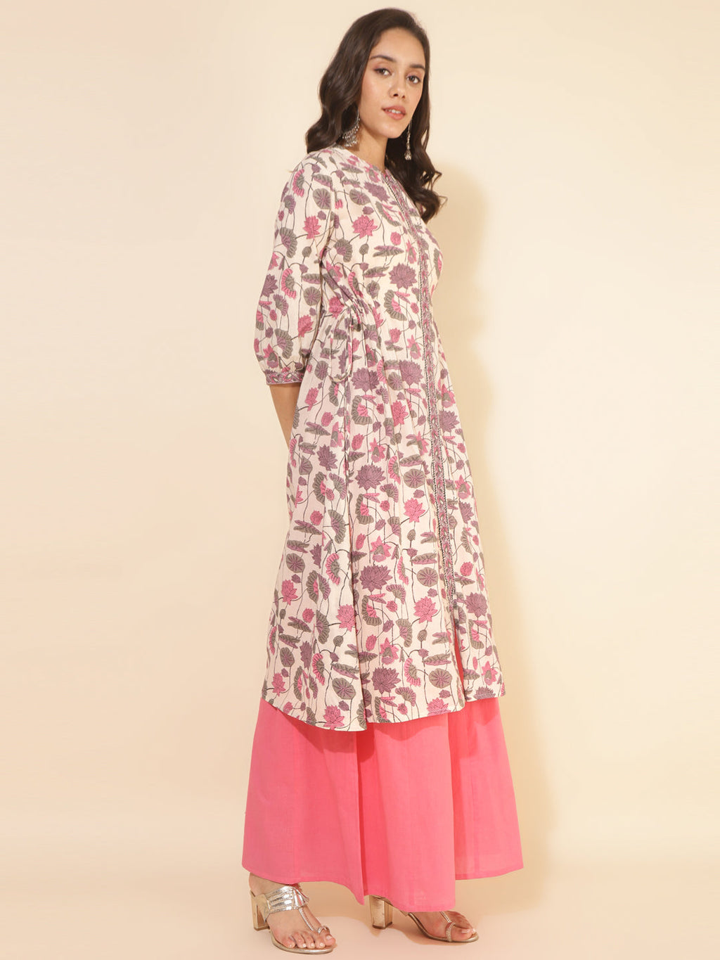 Janasya Beige Cotton Floral Printed Casual Kurta