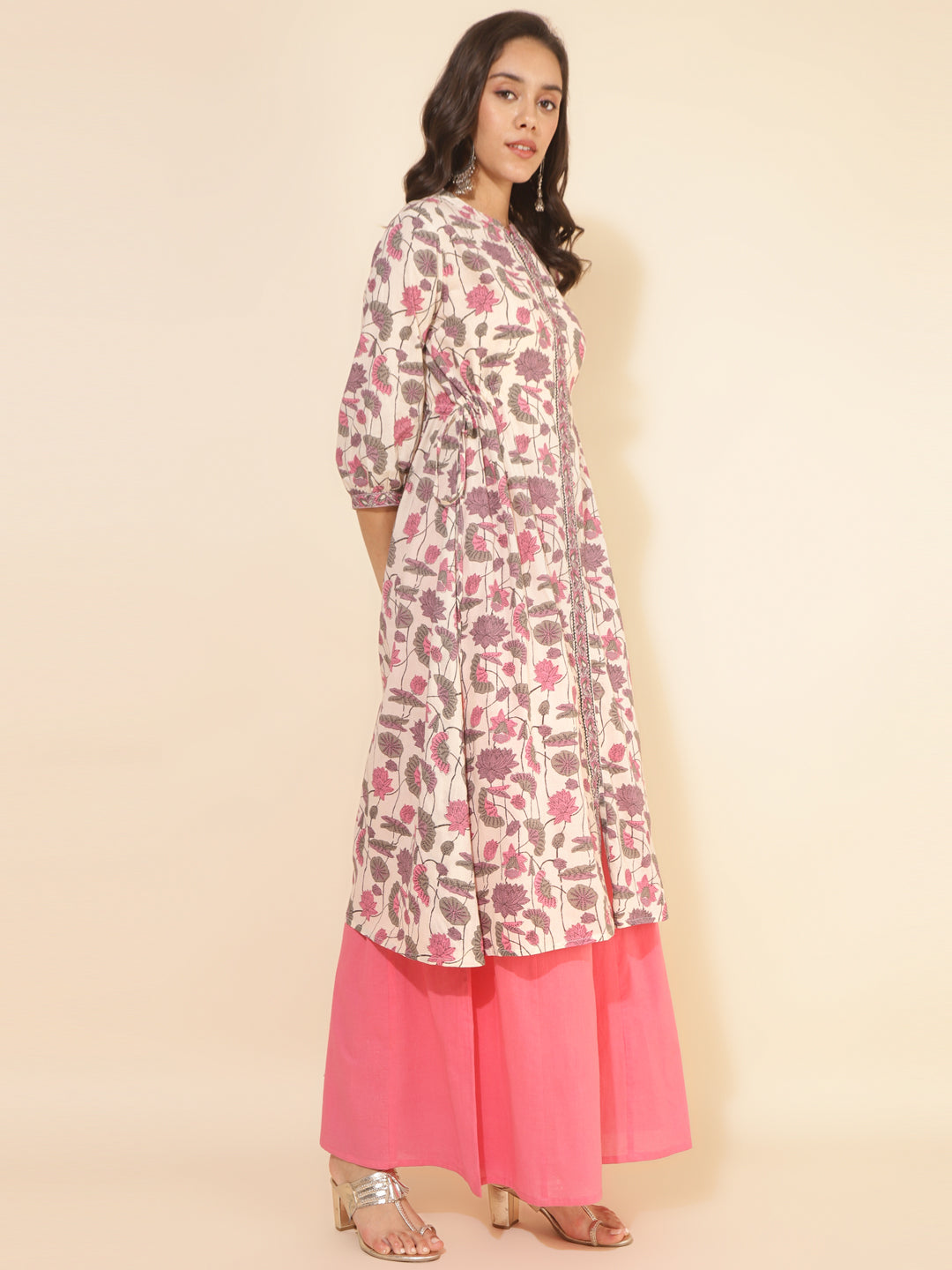 Janasya Beige Cotton Floral Printed Casual Kurta