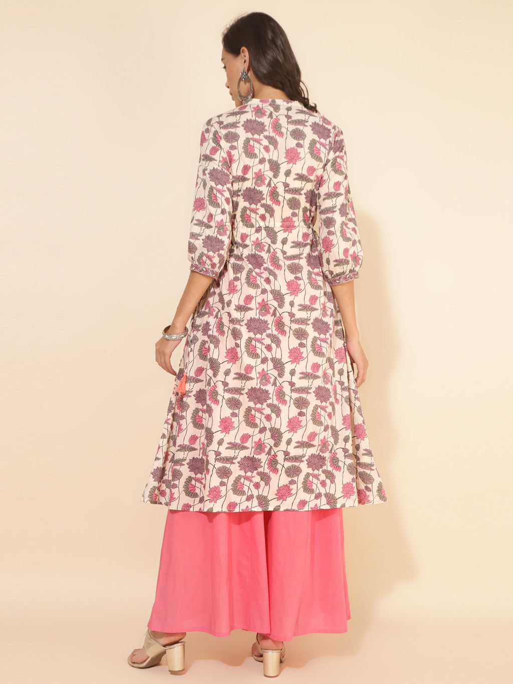 Janasya Beige Cotton Floral Printed Casual Kurta