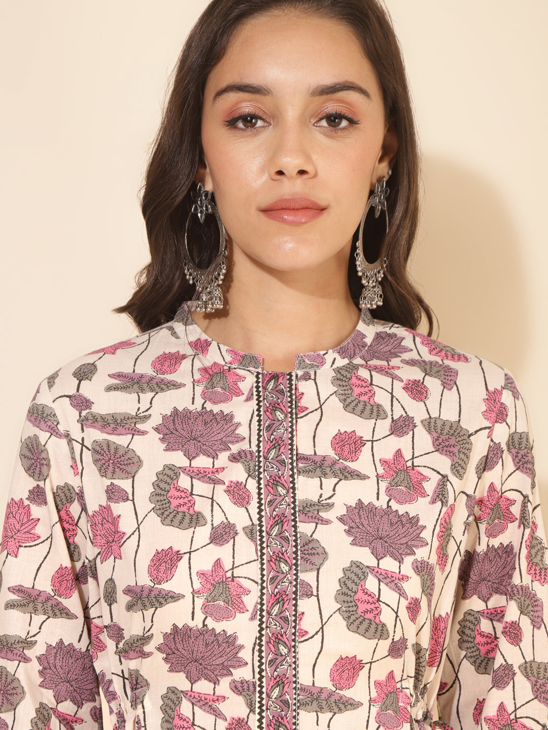 Janasya Beige Cotton Floral Printed Casual Kurta