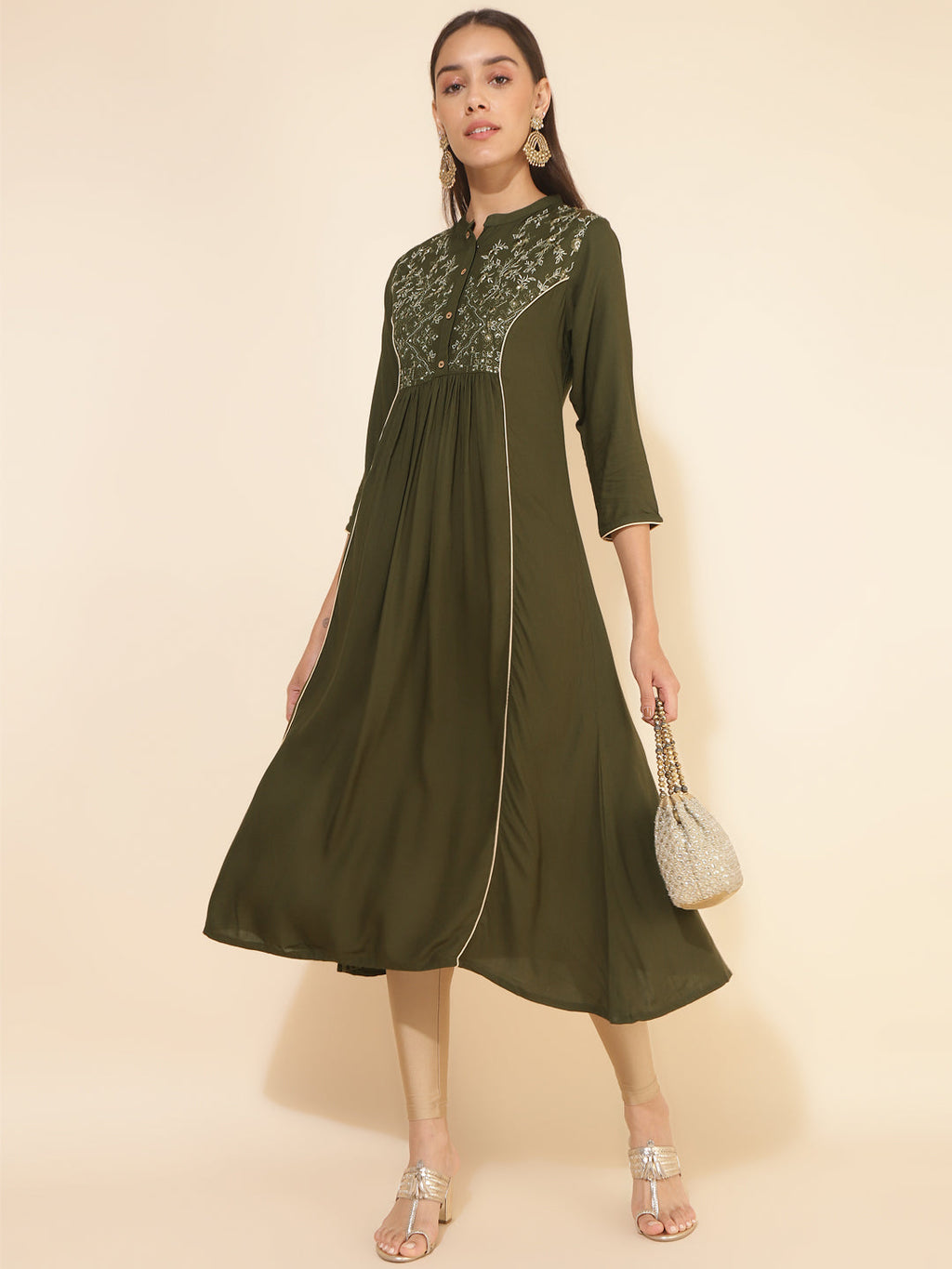 Janasya Olive Rayon Yoke Embroidered Casual Kurta
