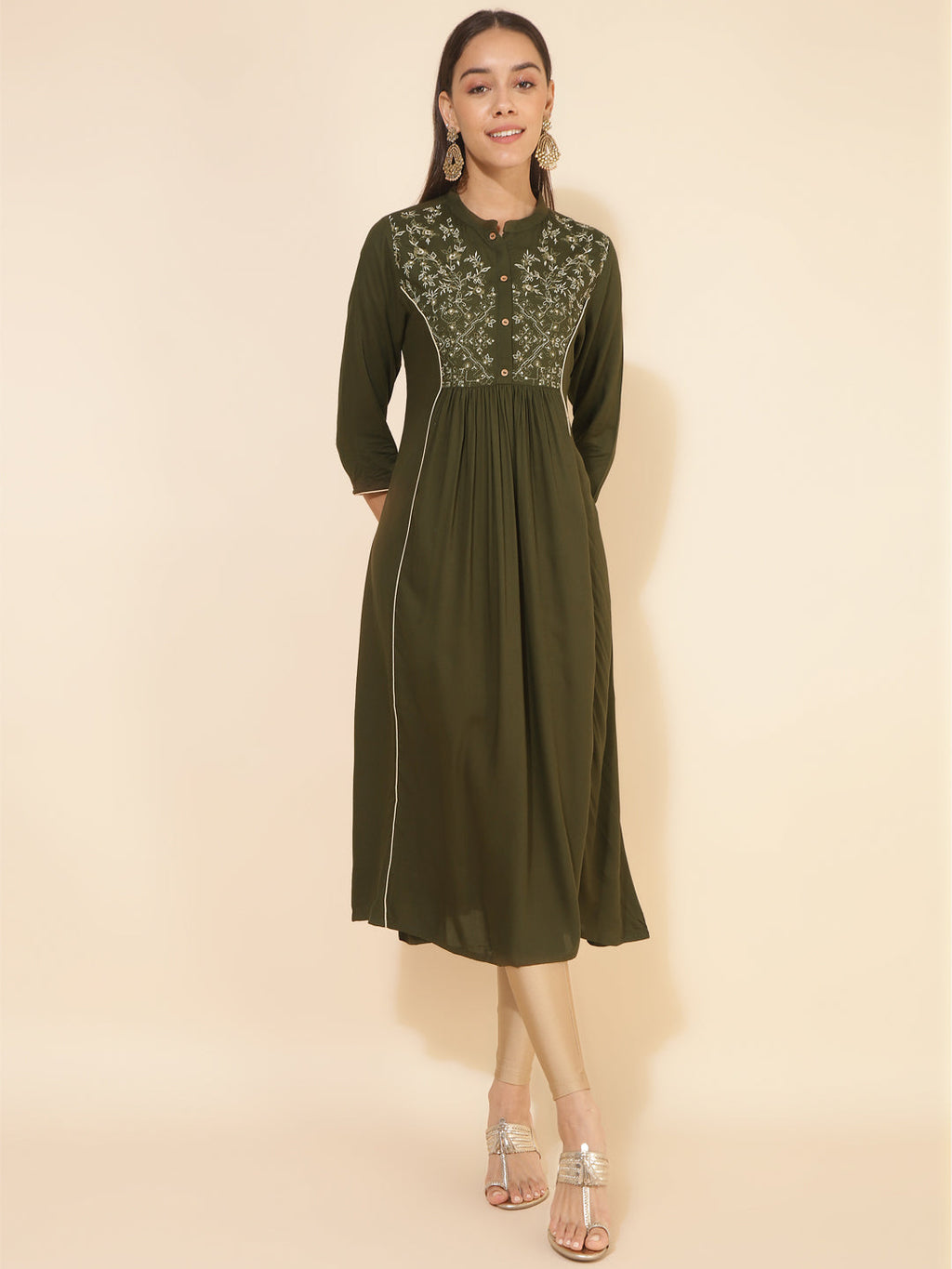 Janasya Olive Rayon Yoke Embroidered Casual Kurta
