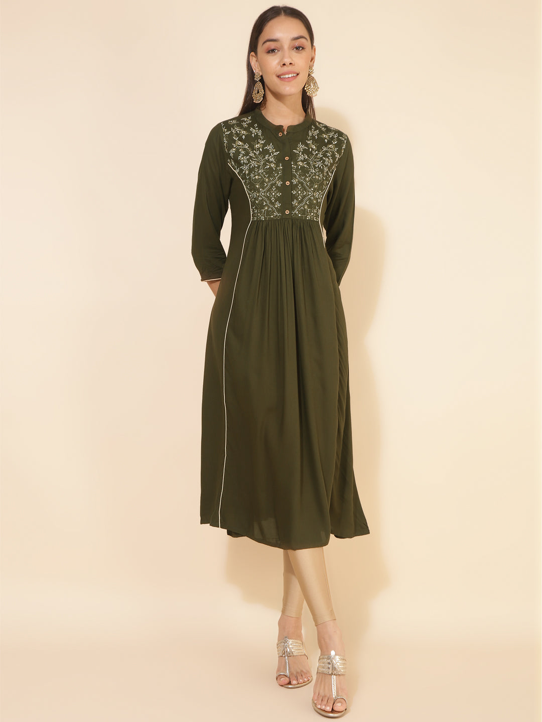Janasya Olive Rayon Yoke Embroidered Casual Kurta
