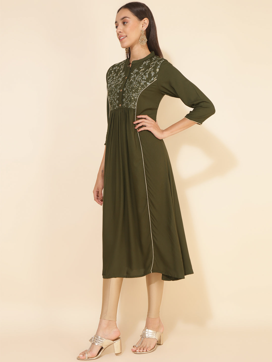 Janasya Olive Rayon Yoke Embroidered Casual Kurta