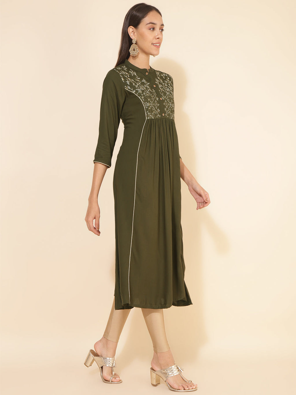 Janasya Olive Rayon Yoke Embroidered Casual Kurta