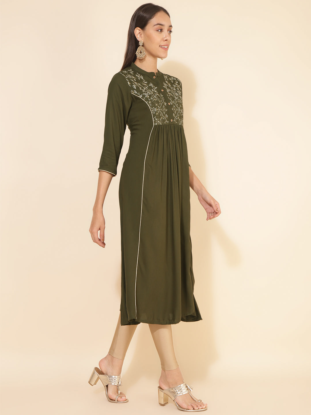 Janasya Olive Rayon Yoke Embroidered Casual Kurta