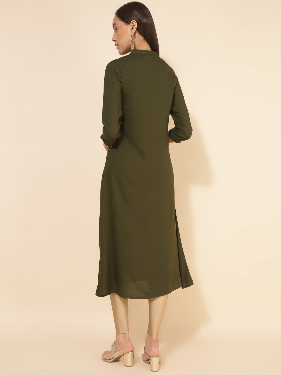 Janasya Olive Rayon Yoke Embroidered Casual Kurta