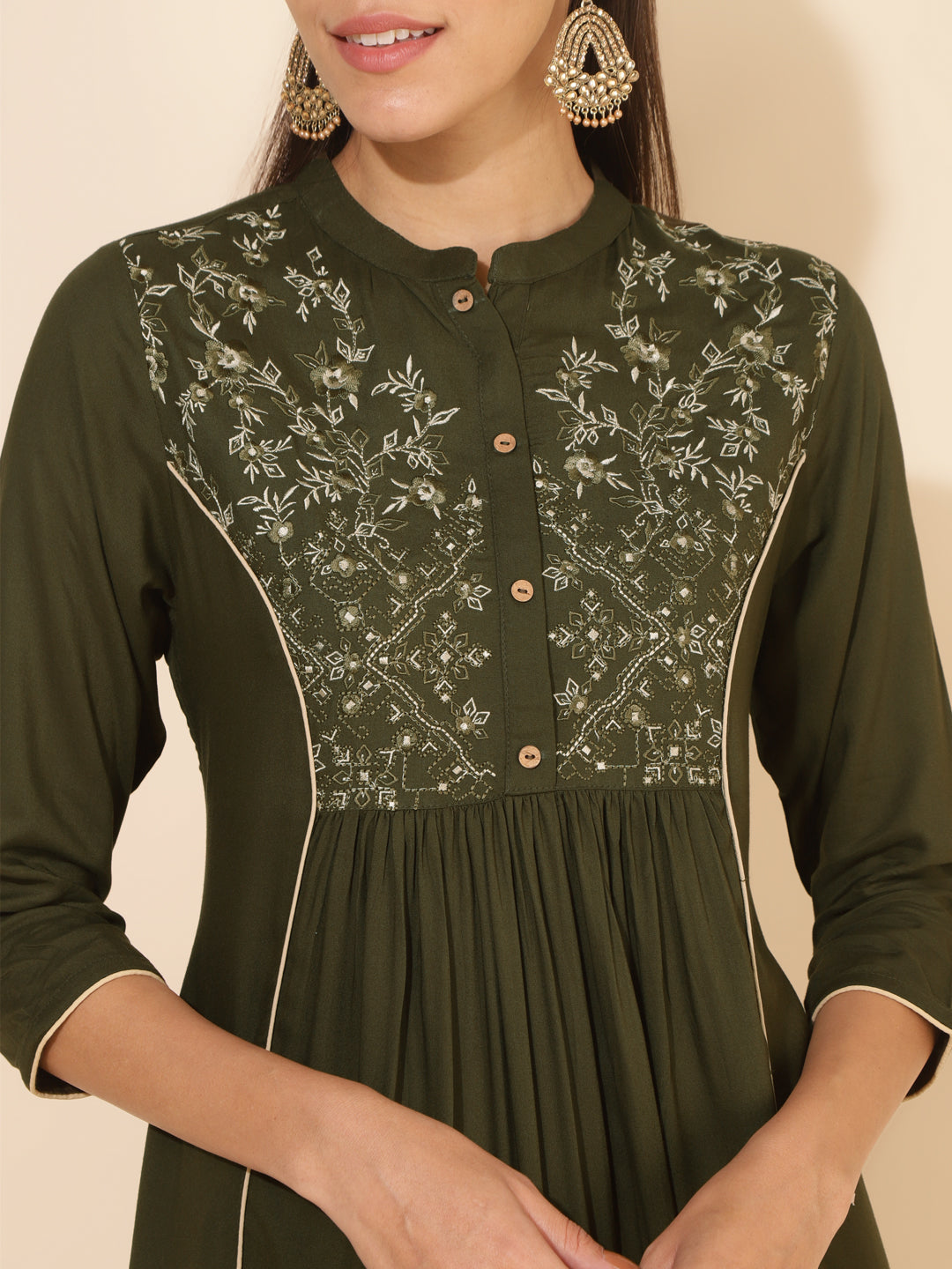 Janasya Olive Rayon Yoke Embroidered Casual Kurta