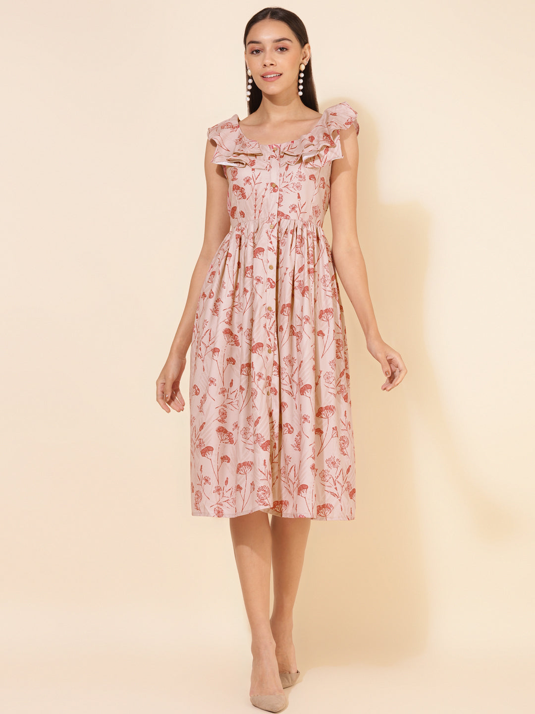 Janasya Women's Beige Moss Digital Floral Printed Casual Dress