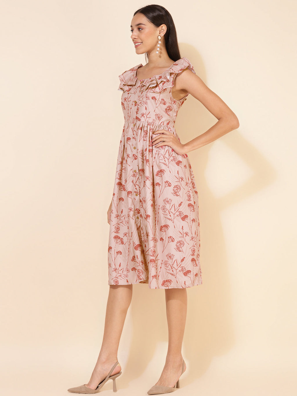 Janasya Women's Beige Moss Digital Floral Printed Casual Dress