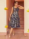 Janasya Women's Navy Blue Brocade Woven Design Casual Dress