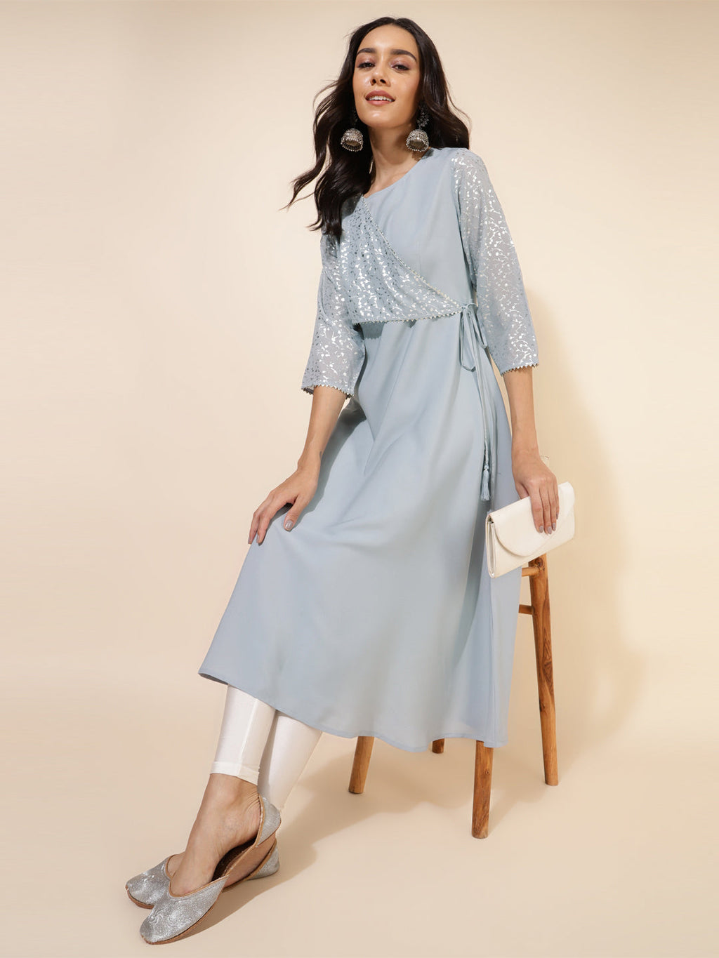 Janasya Grey Crepe Foil Printed Festive Kurta