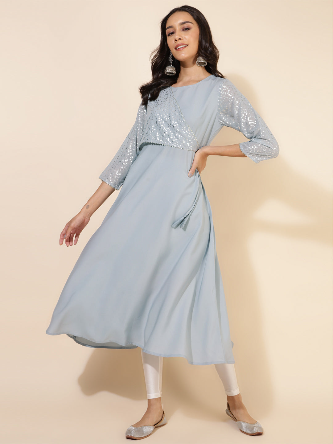 Janasya Grey Crepe Foil Printed Festive Kurta
