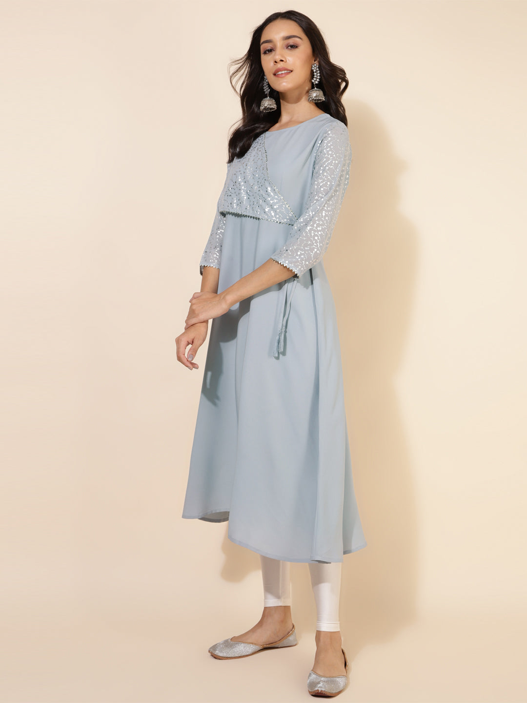 Janasya Grey Crepe Foil Printed Festive Kurta