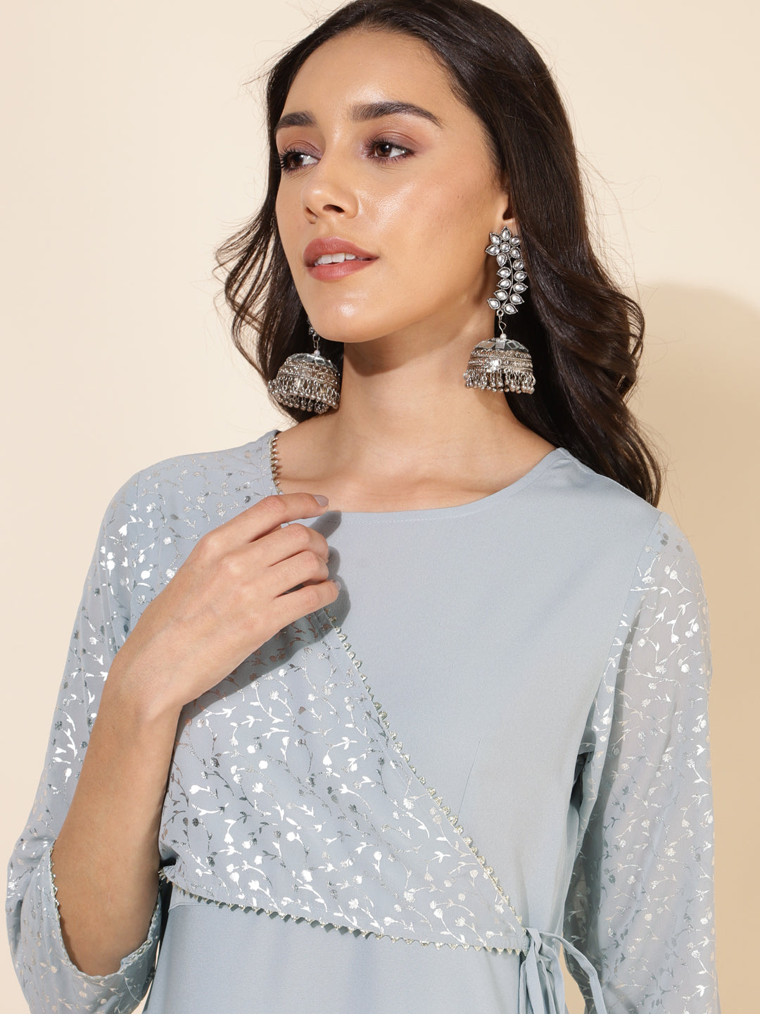 Janasya Grey Crepe Foil Printed Festive Kurta