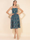 Janasya Women's Blue Chiffon Lurex Digital Floral Printed Casual Dress