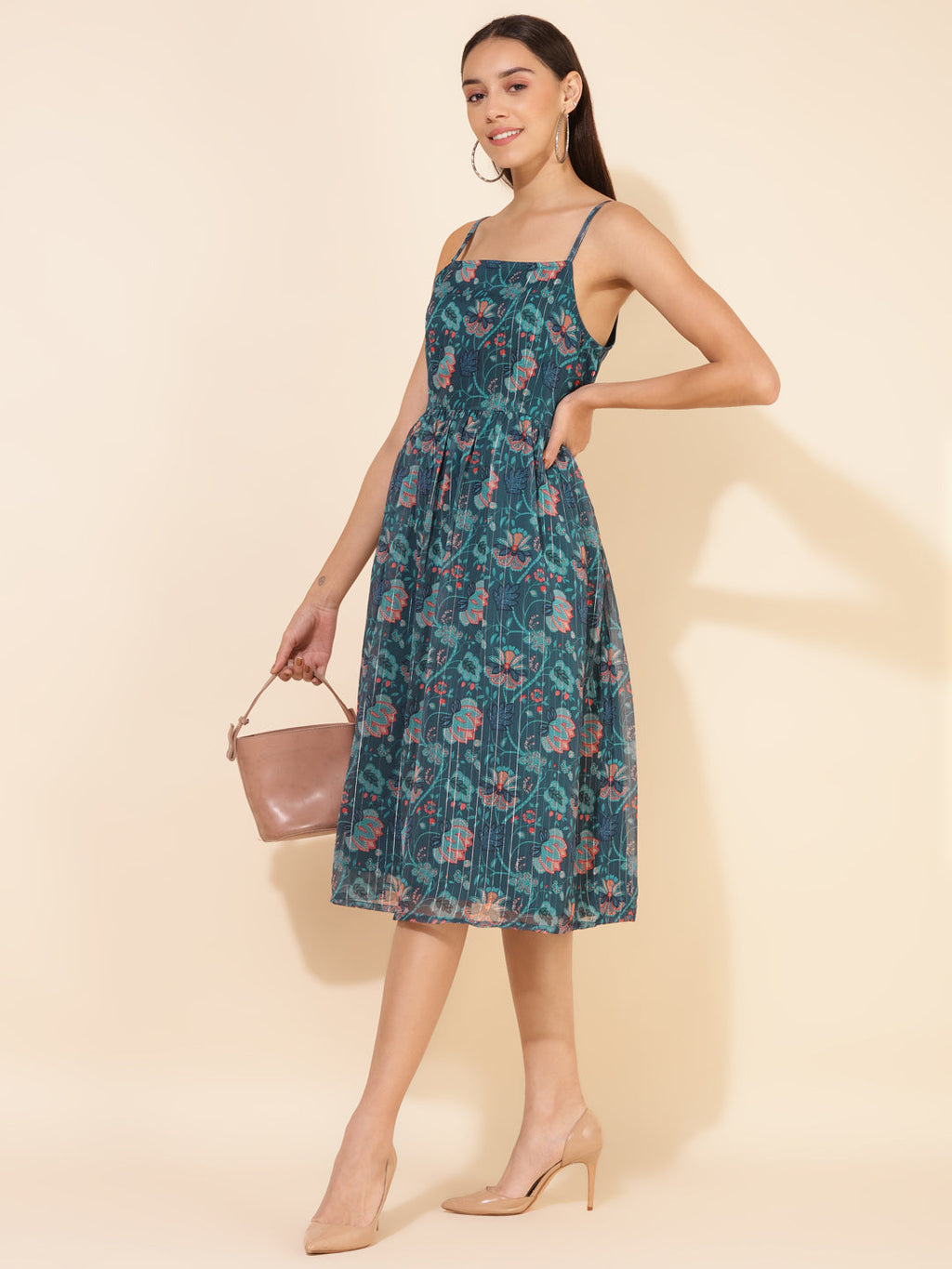 Janasya Women's Blue Chiffon Lurex Digital Floral Printed Casual Dress