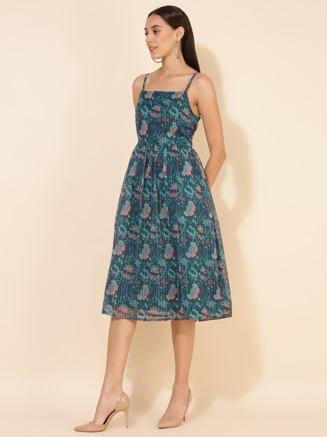 Janasya Women's Blue Chiffon Lurex Digital Floral Printed Casual Dress