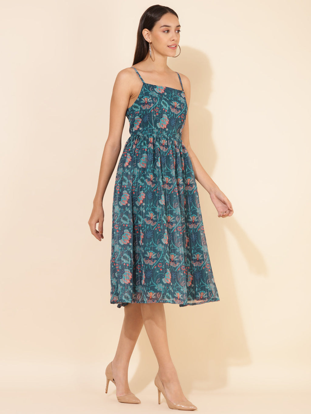 Janasya Women's Blue Chiffon Lurex Digital Floral Printed Casual Dress