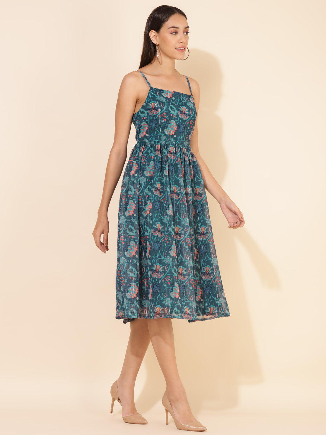 Janasya Women's Blue Chiffon Lurex Digital Floral Printed Casual Dress