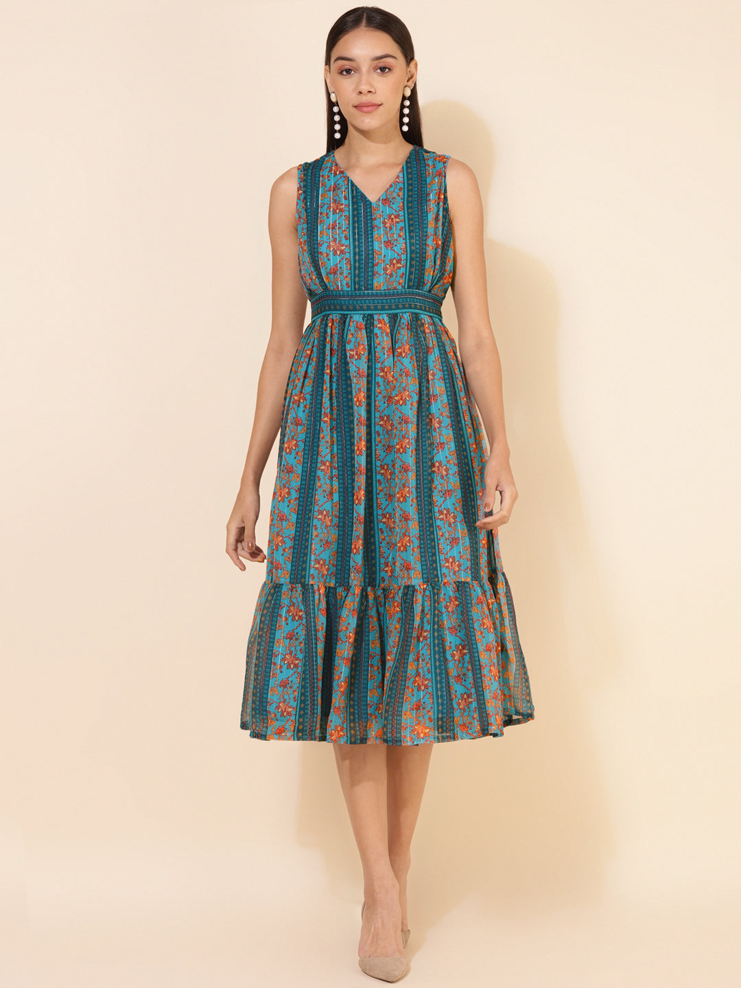 Janasya Women's Blue Chiffon Lurex Floral Printed Casual Dress