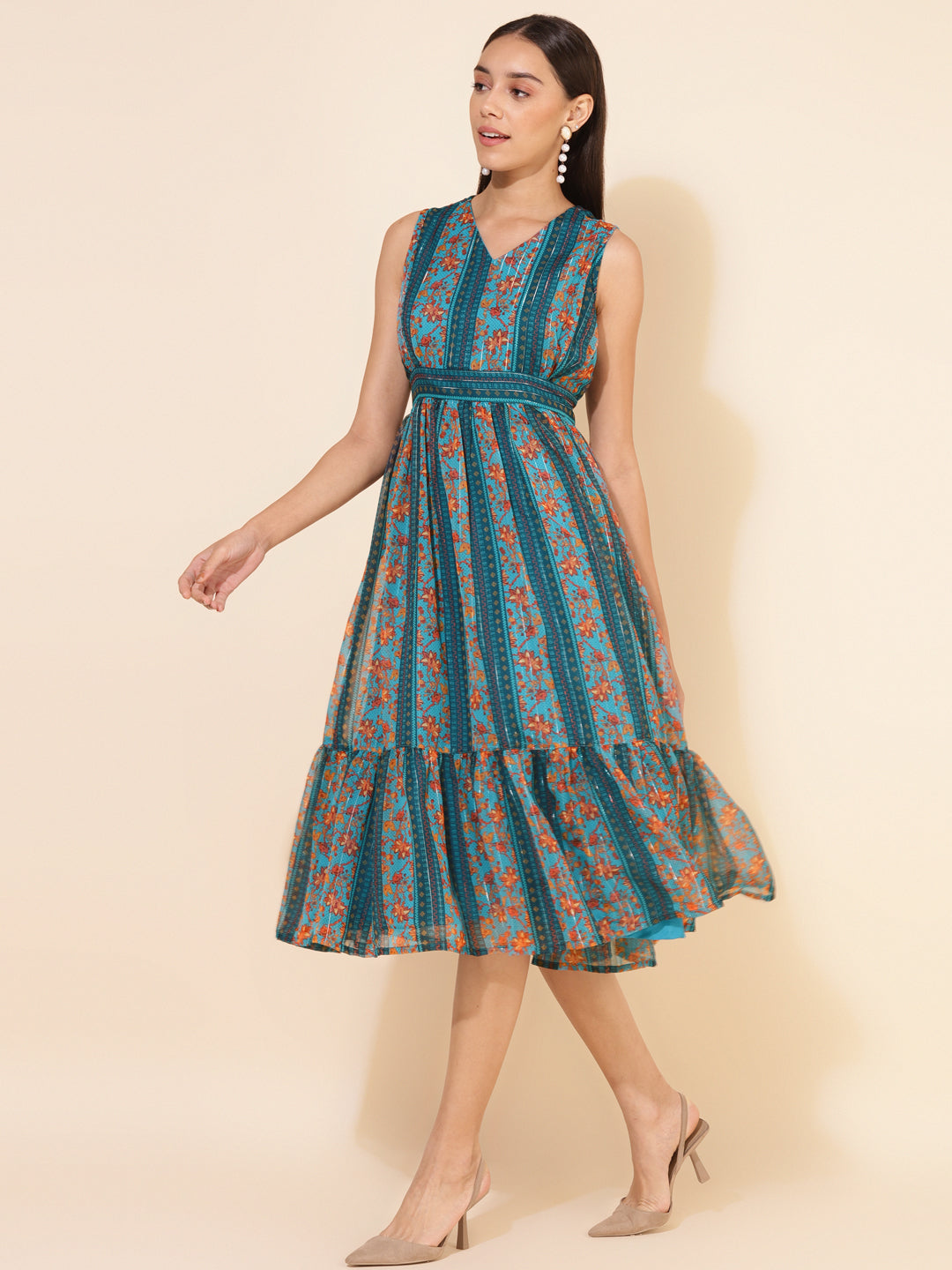 Janasya Women's Blue Chiffon Lurex Floral Printed Casual Dress