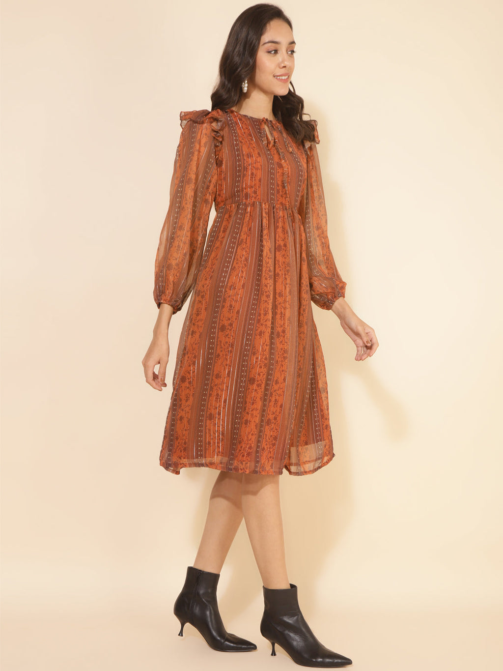 Janasya Women's Rust Chiffon Lurex Floral Printed Casual Dress