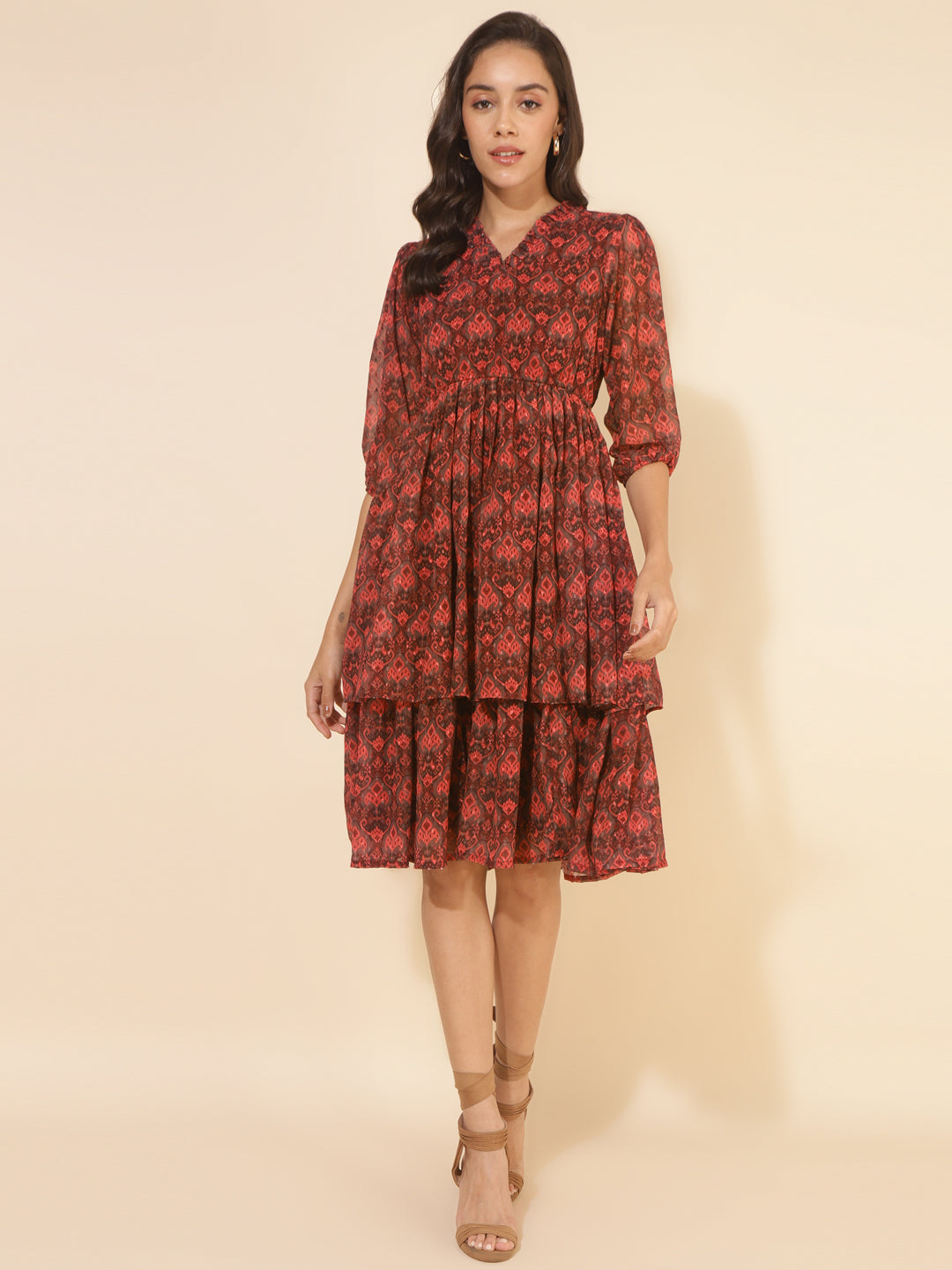 Janasya Women's Brown Dobby Georgette Ikkat Printed Casual Dress