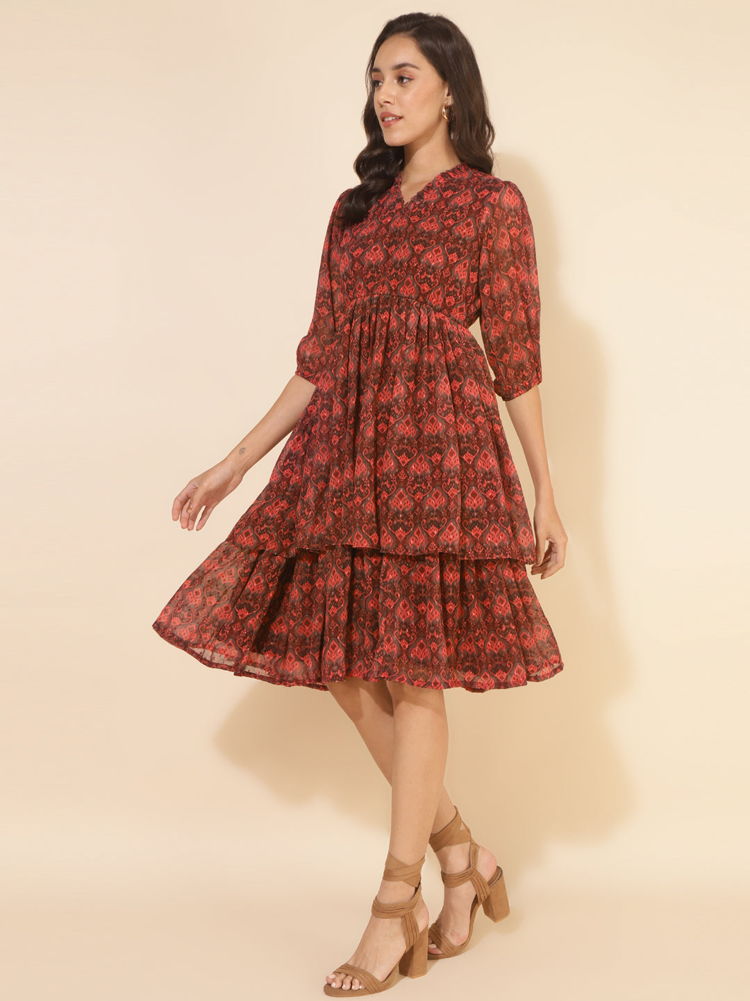 Janasya Women's Brown Dobby Georgette Ikkat Printed Casual Dress