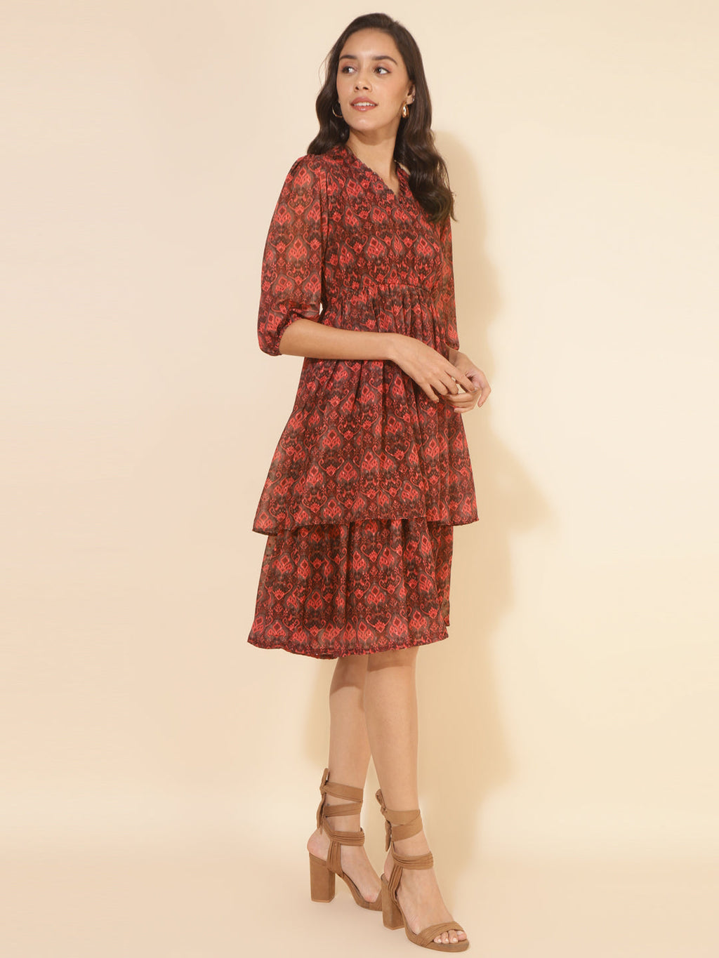 Janasya Women's Brown Dobby Georgette Ikkat Printed Casual Dress