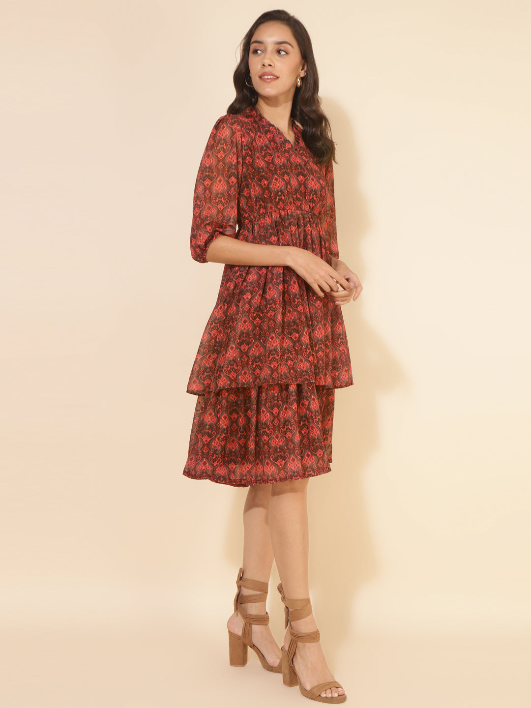 Janasya Women's Brown Dobby Georgette Ikkat Printed Casual Dress