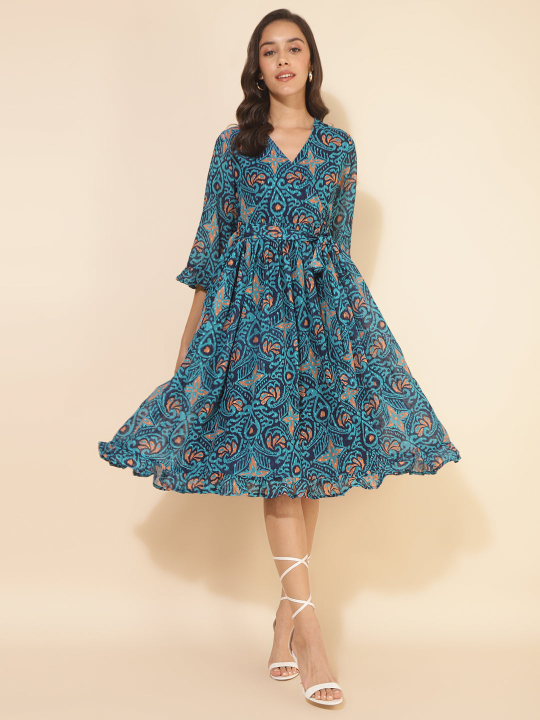 Janasya Women's Blue Dobby Georgette Ikkat Printed Casual Dress