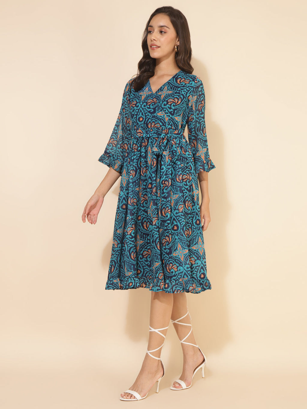 Janasya Women's Blue Dobby Georgette Ikkat Printed Casual Dress