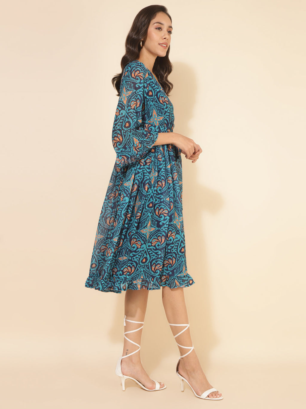 Janasya Women's Blue Dobby Georgette Ikkat Printed Casual Dress