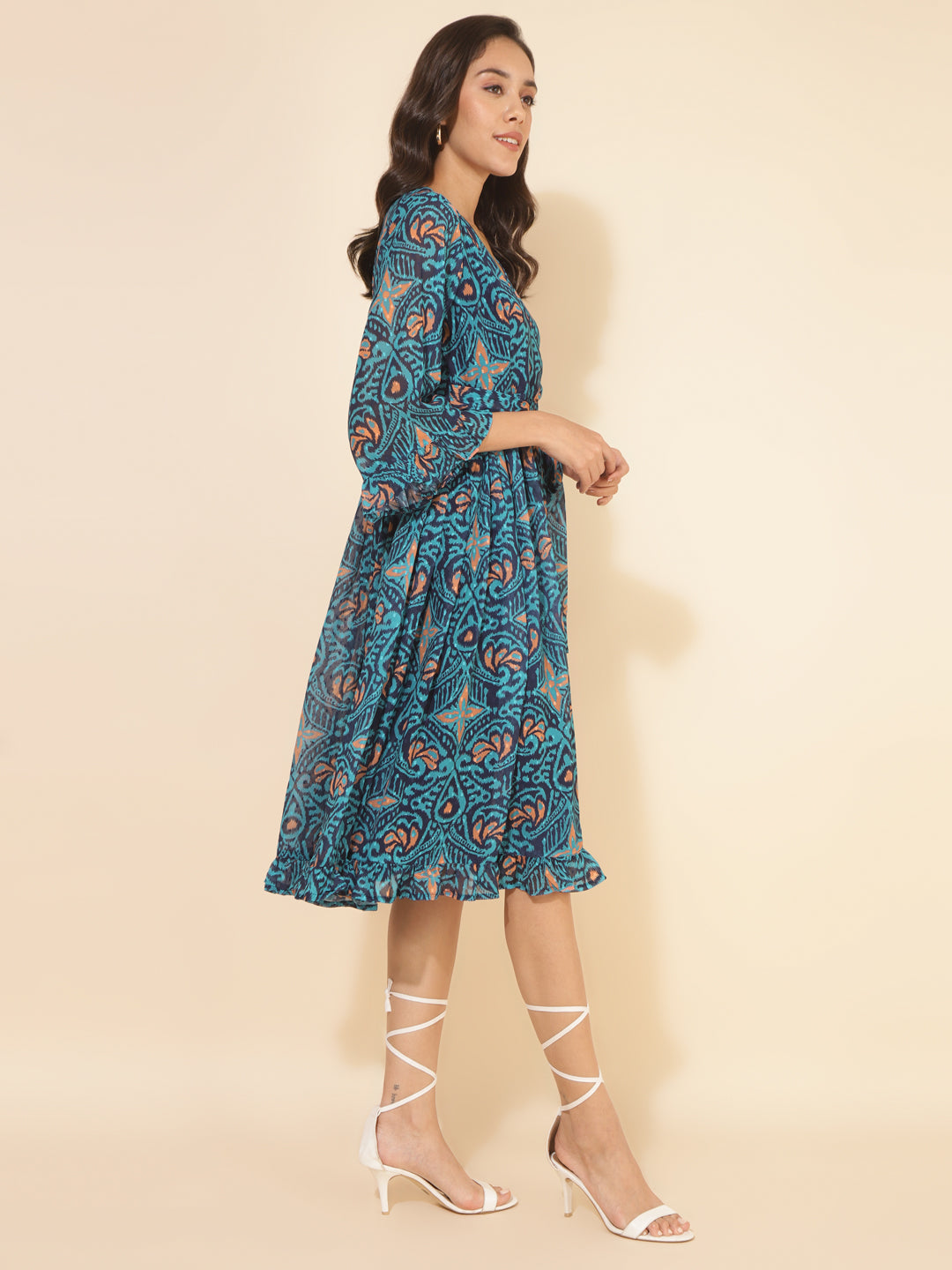 Janasya Women's Blue Dobby Georgette Ikkat Printed Casual Dress