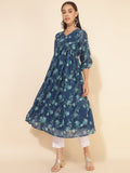 Janasya Blue Georgette Floral Printed Casual Kurta