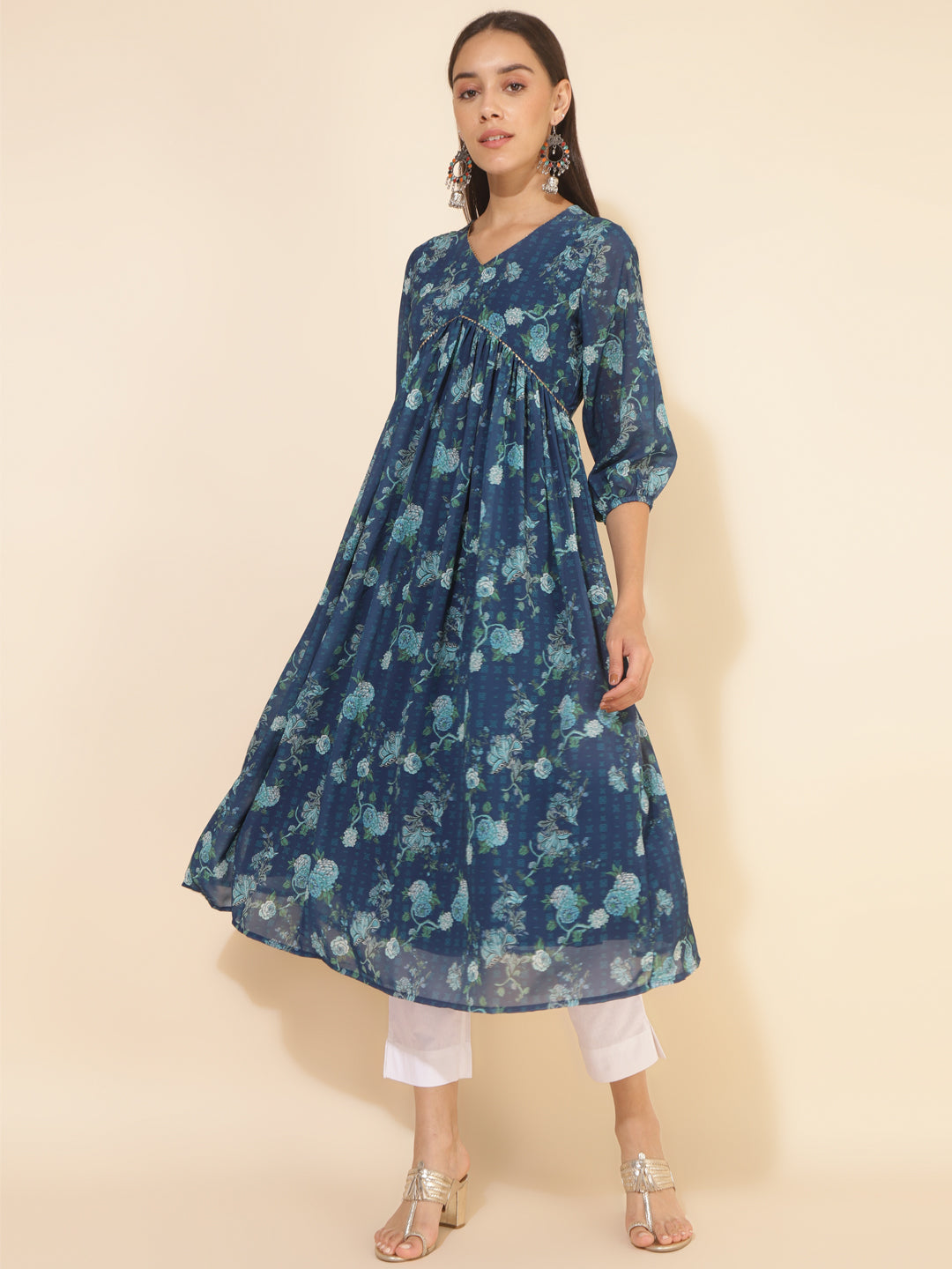 Janasya Blue Georgette Floral Printed Casual Kurta
