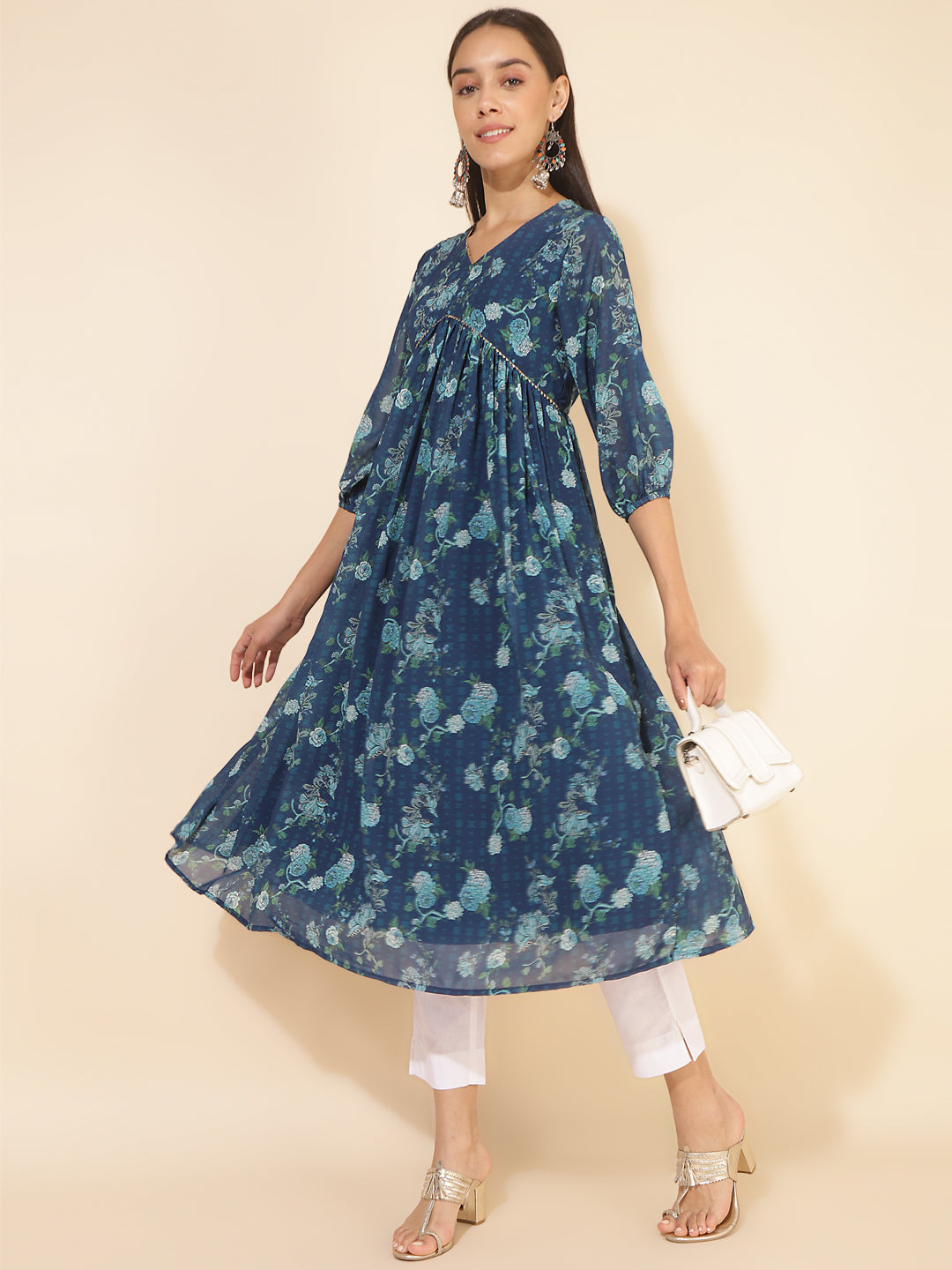 Janasya Blue Georgette Floral Printed Casual Kurta