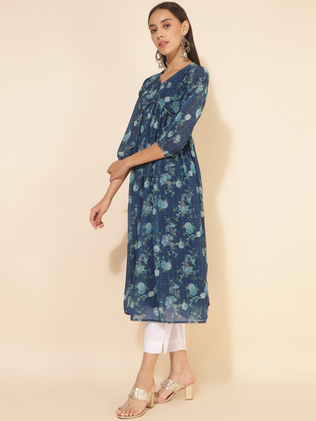 Janasya Blue Georgette Floral Printed Casual Kurta
