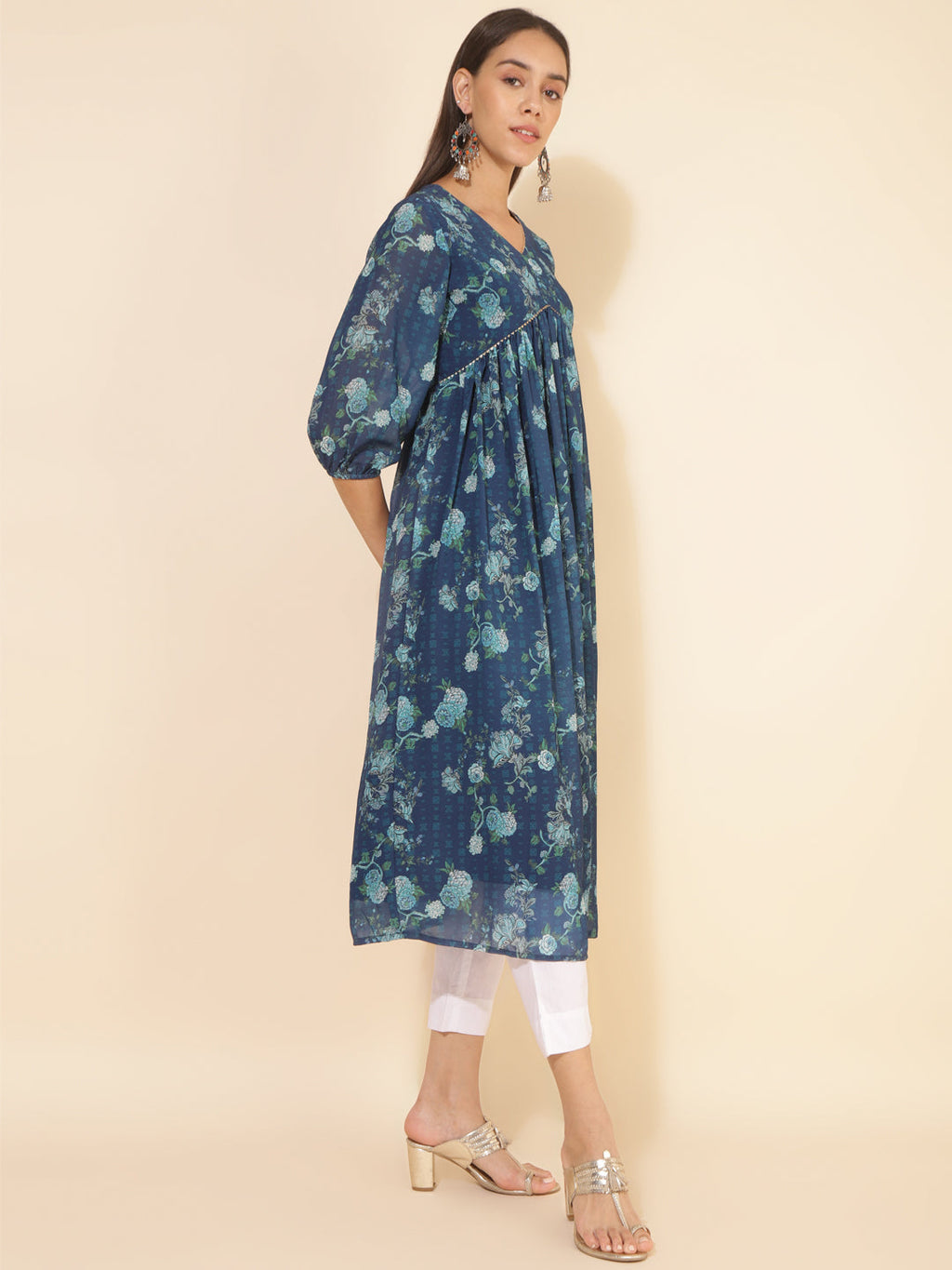 Janasya Blue Georgette Floral Printed Casual Kurta
