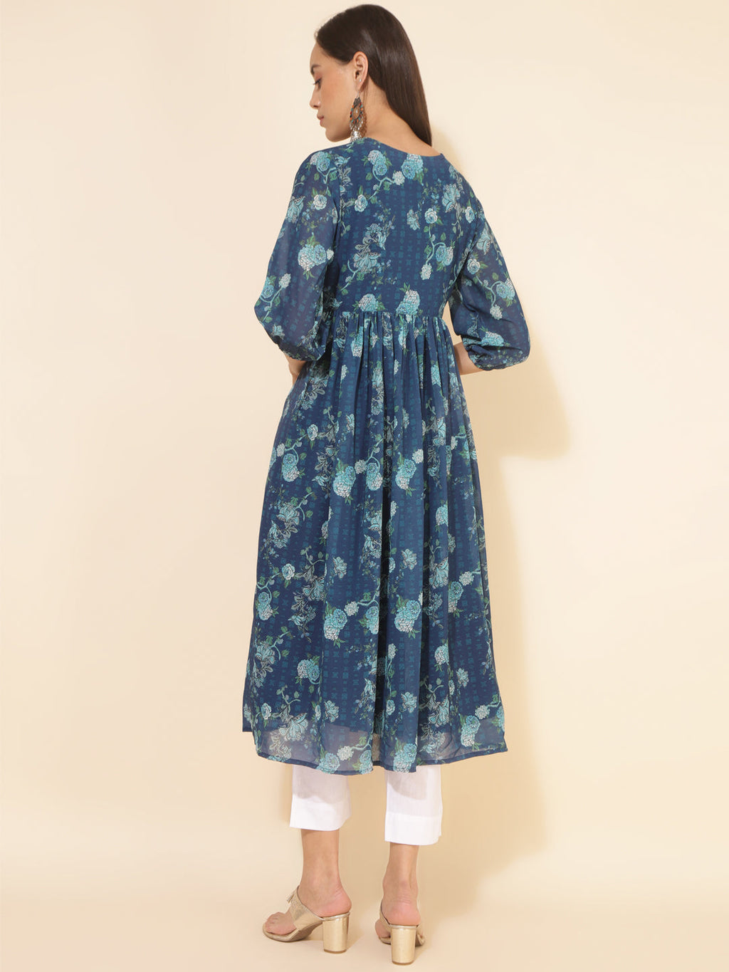 Janasya Blue Georgette Floral Printed Casual Kurta